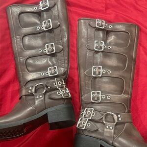 Stylish Brown Leather Moto Boots with Buckles